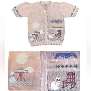 Vintage Sweater Loft Cats Sweater Cardigan Short Sleeve Storybook Size Large